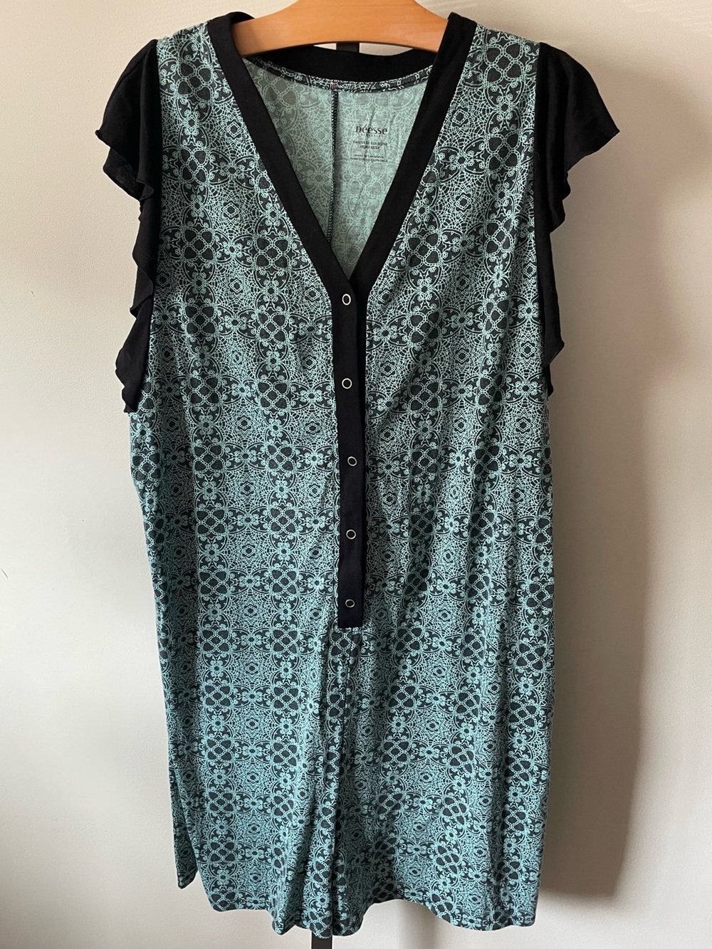 Déesse Boho Shorts Romper Playsuit Plus Size 2X Teal Geometric Ruffled